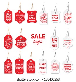 Sale labels big set in red and white colors.