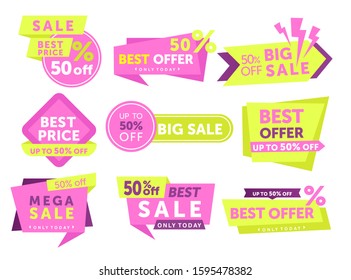 Sale labels color vector illustrations set. Special offers advertising stickers, patches designs isolated pack. Best price, 50 percent off discounts badges, emblems templates collection.