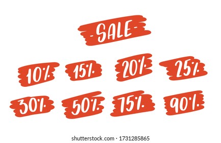 Sale labels with percents off discount amount vector design. Promotional offer sticker, advertisement price tag with brush strokes for online shop or retail store.