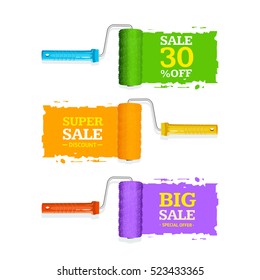 Sale Labels Roller Brush Set Shopping Discounts for Web. Vector illustration