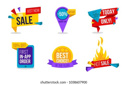 Sale labels set. Colorful collection of vector tags for promo or advertising. Discount card set of "Hot Sale", "Just now big sale", "10% off for first app order", "Best choice of the year". 