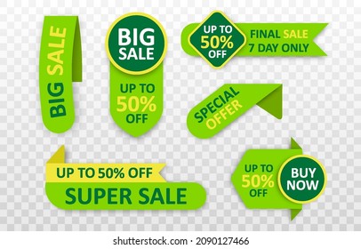 Sale labels set, sale tags, shopping tags. Discount price tags mockups. Promotional sales, hot price. Discount ribbons, banners and icons. Sale icons. Vector illustration isolated on png background. 