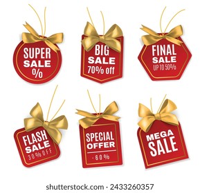 Sale labels. Shopping price tags with silk golden bows, realistic isolated elements. Marketing promotion. Discount emblems with gold ribbon. Special offer. Retail paper sticker. Vector set