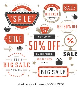 Sale Labels and Tags Design Vector Vintage Set for Banners, Promotional Brochures, Discount Poster, Shopping Flyer, Clearance Advertising. Collection Sale objects and icons.