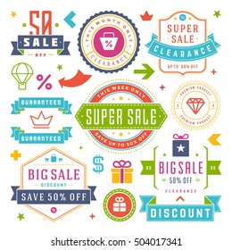 Sale Labels and Tags Design Vector Vintage Set for Banners, Promotional Brochures, Discount Poster, Shopping Flyer, Clearance Advertising. Collection Sale objects and icons.