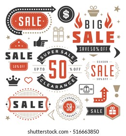 Sale Labels and Tags Design Vector Vintage Set for Banners, Promotional Brochures, Discount Poster, Shopping Flyer, Clearance Advertising. Collection Sale objects and icons.
