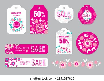 Sale labels, tags set with flowers frames and elements. Vector illustration.