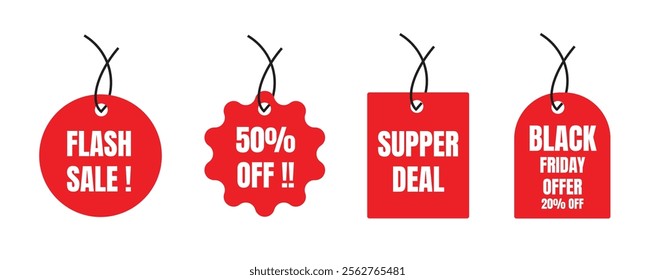 Sale labels for web sales offer. Discount price tags mockups. Paper gift label with rope, promotional sales hanging tag vector set.