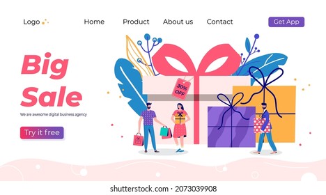 Sale landing page template. Promotion of online shop loyalty program, bonus or reward. Modern flat vector illustration for advertisement. Seasonal discount website sale banner with people