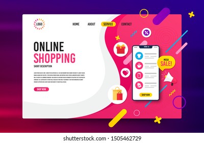 Sale landing page vector template. Web design for online shopping, digital marketing. Concept for website and mobile app. Modern vector template. Landing web page background. Smartphone with icons.