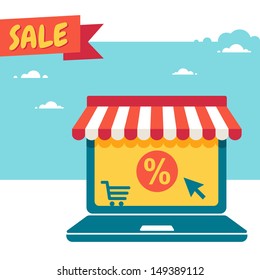 Sale. Laptop with storefront