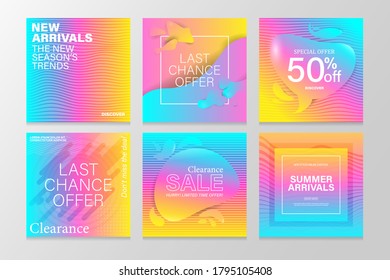 Sale, Last chance, Summer arivals square banners. Modern backgrounds with vivid summer candy colors. 