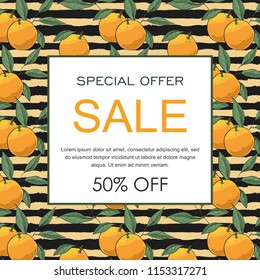 Sale layout banner decorate with hand drawn oranges ornament. Vector illustration