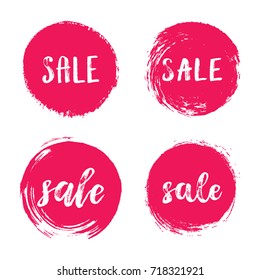 Sale leaves prints, banner, label, round shape. Vector set collection of paint brush sticker tags isolated on white background. Hand drawn design elements.