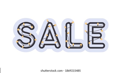 Sale lettering against white background. Letters with garlands and bulbs. Colorful typography design for postcard, banner, poster, card, flyer. Vector illustration