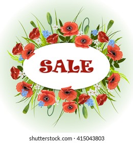 Sale lettering card. Beautiful background with wild flowers and oval label. Vector illustration.