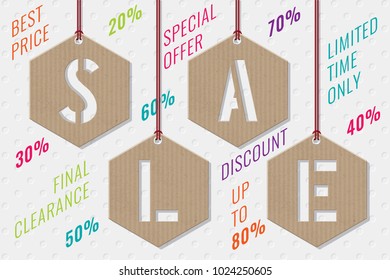 Sale Lettering Cut in Cardboard Hexagons Shopping Tags Made Hanging on Threads and Plenty Slogans Shopping Concept - Brown and Multicolor on Grey Holes Background - Vector Flat Graphic Design