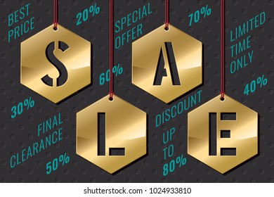 Sale Lettering Cut in Golden Glossy Hexagonal Shopping Tags Hanging on Threads and Plenty Slogans Shopping Concept - Gold and Red on Black Holes Background - Vector Flat Graphic Design