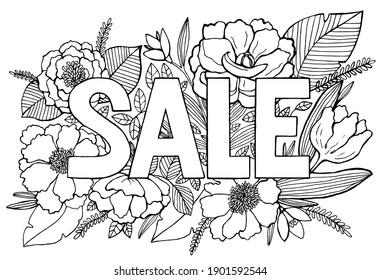 
sale lettering in flowers. vector black and white graphics
