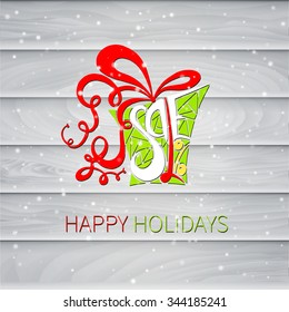 Sale lettering. Gift on white background texture of wooden boards. The image can be used as a greeting card for the Christmas holidays, flyer, wallpaper, Promotions