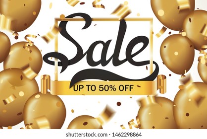 Sale lettering in gold frame with ribbon and golden balloons with confetti and serpentine