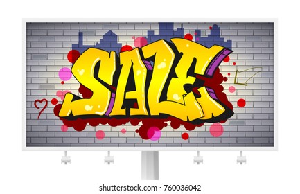 Sale, lettering in hip-hop, graffiti style. Urban ad horizontal billboard. Street art on the brick wall. Advertising poster about discounts. Stylish design of banner with your offer. 3D illustration.