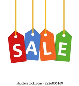 Sale lettering with labels and strings. Vector illustration