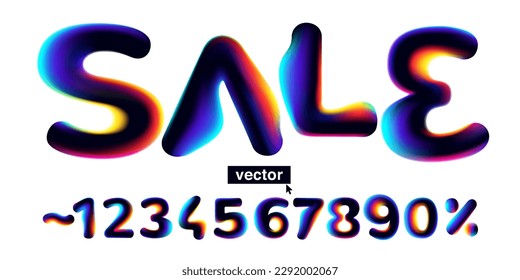 Sale lettering with numbers set with neon glitch. Multicolor gradient signs with double exposure and illusion effect. Glowing color shift vector icon. Perfect for your vibrant heading, web banner.