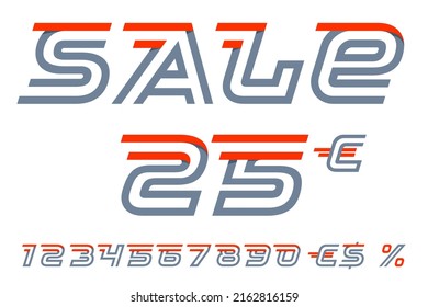 Sale lettering with numbers set, percent, and dollar sign. Fast speed and sport template with oblique letters. Perfect for Special offer banner, Black Friday advertising, discount flyers, promo tag.