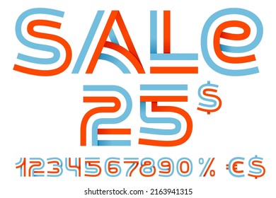 Sale lettering with numbers set, percent, and dollar sign. Sports team identity made of red, white, and blue flag ribbon. Perfect for Special offer banner, Black Friday advertising, promo advertising.