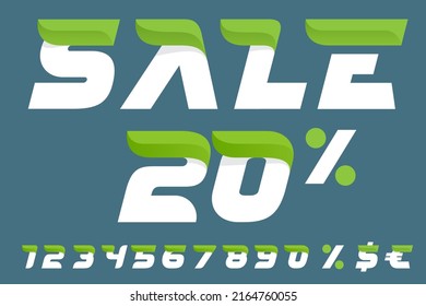 Sale lettering with numbers set, percent, and dollar sign. Ecology art with oblique letters and green leaves. Perfect for Special offer banner, Black Friday advertising, discount flyers, and promo tag