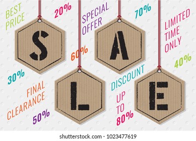 Sale Lettering on Cardboard Hexagons Shopping Tags with Stamps Made Hanging on Threads and Plenty Slogans Shopping Concept - Black and Brown on Grey Holes Background - Vector Flat Graphic Design
