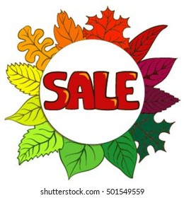 Sale lettering on colorful bright autumn leaves background. Hand drawn line art vector illustration for autumn sale conception.