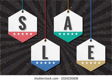 Sale Lettering on Paper Hexagons Shopping Tags with Decoration Hanging on Threads Blank Shopping Concept - Colored and White Elements on Black Grunge Background - Vector Flat Graphic Design