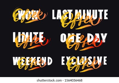 Sale lettering. Promotional phrases for tags and labels collection. Special limited, last minute offers. Clearance sale, seasonal discount typography. Advertising stickers with text creative bundle