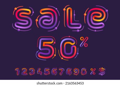 Sale lettering set with numbers, percent, and currency sign. Vivid lines with atoms orbits. Perfect for Special offer banner, Black Friday advertising, discount flyers, and Super promo advertising.