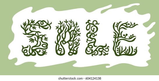 Sale letters with leaves and tree branches ornament. Green symbols hand drawn illustration. Vector design.