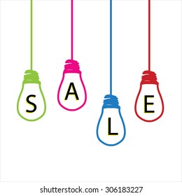 Sale light bulb with colorful wires hanging from the ceiling 