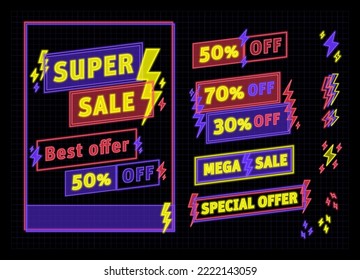 Sale lightning bolt concept. Neon graphic styles with no effects. Sales and discount signs.