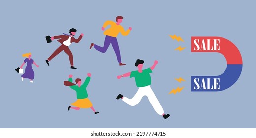 Sale like magnet attract customers. People run to shopping store. Flat vector illustration.