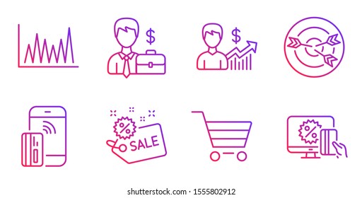 Sale, Line graph and Business growth line icons set. Market sale, Businessman case and Contactless payment signs. Targeting, Online shopping symbols. Shopping tag, Market diagram. Vector