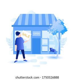 Sale at local shop vector illustration. Shop manager or shop owner is holding a sale label sign to promote shop.