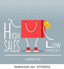 Sale at low prices, Cartoon shopping bag with a smile