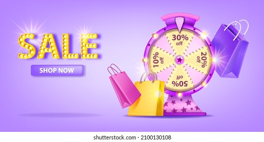 Sale lucky wheel background, 3D vector special offer lottery roulette game, online shopping price discount. Jackpot internet e-commerce gift bag, round fortune gamble concept. Lucky wheel web banner