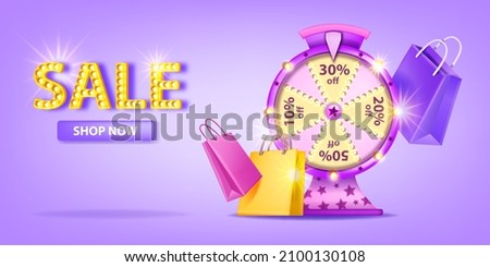 Sale lucky wheel background, 3D vector special offer lottery roulette game, online shopping price discount. Jackpot internet e-commerce gift bag, round fortune gamble concept. Lucky wheel web banner