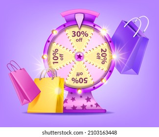 Sale lucky wheel game, vector shopping roulette concept, paper bag, special offer round gambling banner. 3D jackpot winner gift, percent sign, customer loyalty program. Lucky wheel light bulbs