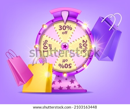 Sale lucky wheel game, vector shopping roulette concept, paper bag, special offer round gambling banner. 3D jackpot winner gift, percent sign, customer loyalty program. Lucky wheel light bulbs