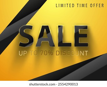 Sale luxury glossy black letters with thin golden edge trim and shadow on yellow background. Premium vector banner. Glass effect reflection. Up to 70 percent discount gold text. Limited time offer