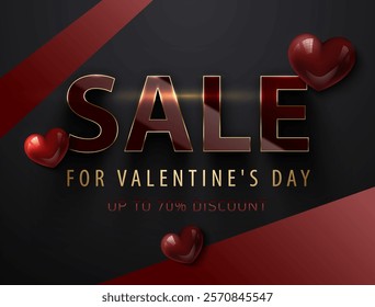 Sale luxury glossy red letters with thin golden edge trim and shadow on black background. Glossy red volume heart. Sale for Valentines Day gold text. Up to 70 percent discount. Limited time offer