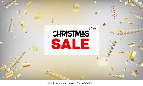 Sale Magic Glitter Confetti, Golden Foil Tinsel Trail. Cool Premium Christmas, New Year, Birthday Party Holiday Banner. Horizontal Shiny Sparkles Background. Magic Glitter Confetti Tinsel